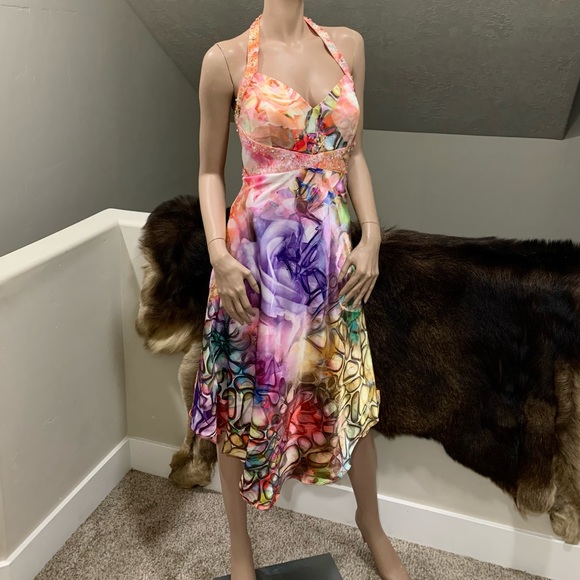 New Floral-Print Satin Halter Beaded Party Dress with Shawl - Picture 7 of 15